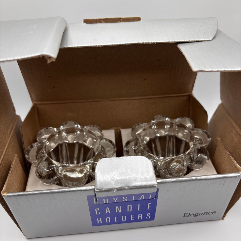 Elegance Crystal Candle Holders Set of 2 Clear Glass Bubble Scalloped KIG 2.5in